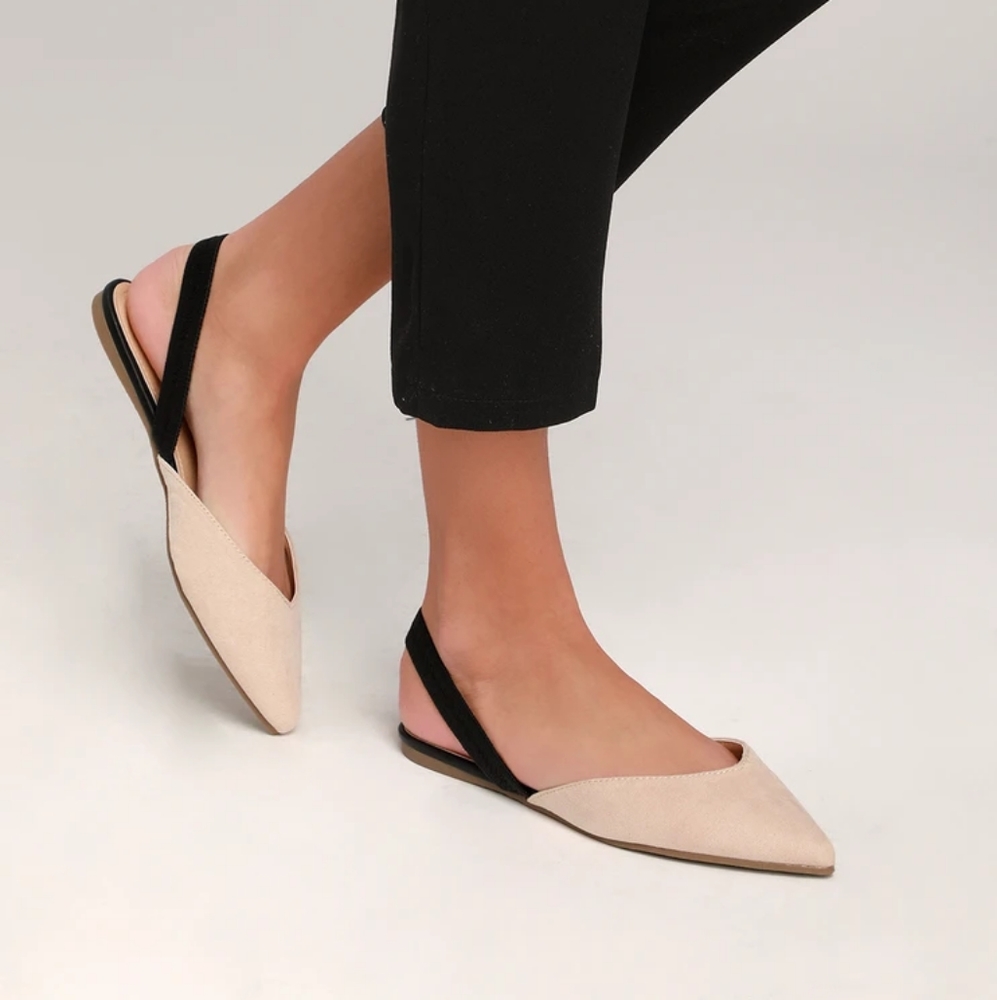 Mae Tan and Black Pointed-Toe Slingback Flats NWOT